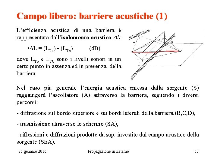 Campo libero: barriere acustiche (1) L’efficienza acustica di una barriera è rappresentata dall’isolamento acustico