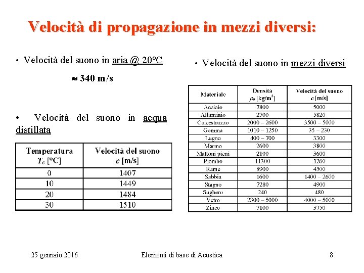 Velocità di propagazione in mezzi diversi: • Velocità del suono in aria @ 20°C