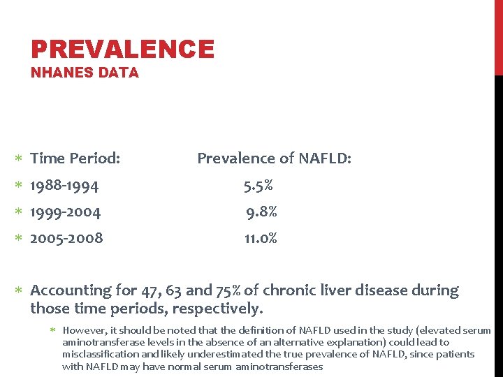 PREVALENCE NHANES DATA Time Period: Prevalence of NAFLD: 1988 -1994 5. 5% 1999 -2004