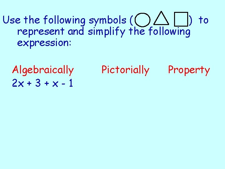 Use the following symbols ( ) to represent and simplify the following expression: Algebraically