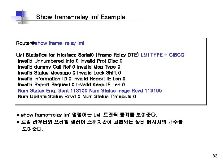 Show frame-relay lmi Example Router#show frame-relay lmi LMI Statistics for interface Serial 0 (Frame