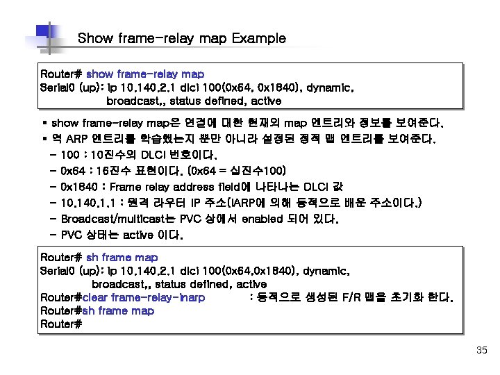 Show frame-relay map Example Router# show frame-relay map Serial 0 (up): ip 10. 140.