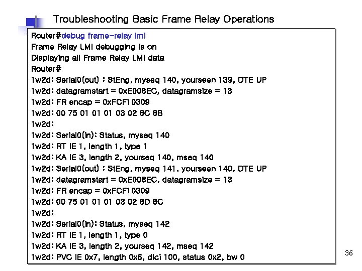Troubleshooting Basic Frame Relay Operations Router#debug frame-relay lmi Frame Relay LMI debugging is on