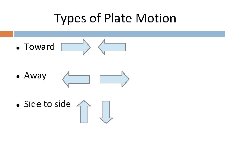 Types of Plate Motion l Toward l Away l Side to side 