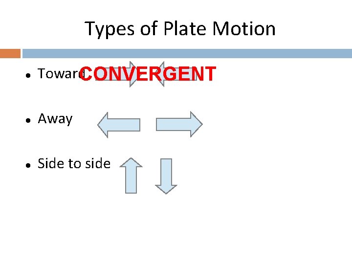 Types of Plate Motion l Toward. CONVERGENT l Away l Side to side 