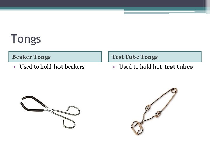 Tongs Beaker Tongs Test Tube Tongs • Used to hold hot beakers • Used Tongs Beaker Tongs Test Tube Tongs • Used to hold hot beakers • Used