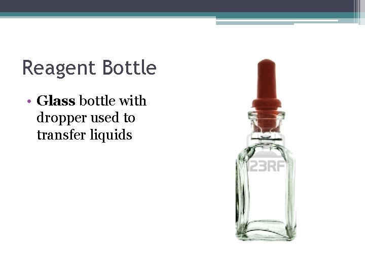 Reagent Bottle • Glass bottle with dropper used to transfer liquids Reagent Bottle • Glass bottle with dropper used to transfer liquids