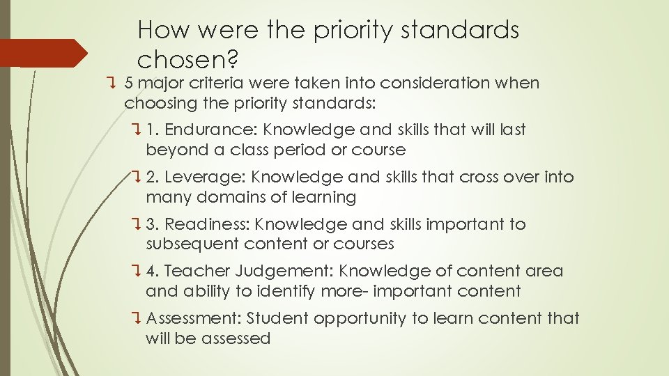 How were the priority standards chosen? ? 5 major criteria were taken into consideration