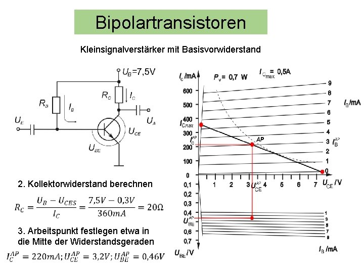 Bipolartransistoren Kleinsignalverstärker mit Basisvorwiderstand 2. Kollektorwiderstand berechnen 3. Arbeitspunkt festlegen etwa in die Mitte