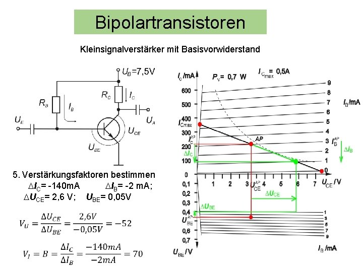 Bipolartransistoren Kleinsignalverstärker mit Basisvorwiderstand 5. Verstärkungsfaktoren bestimmen DIC= -140 m. A DIB= -2 m.