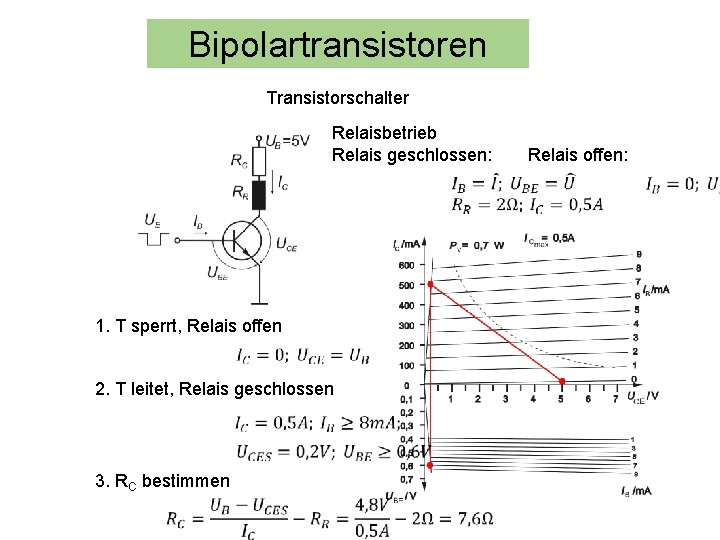 Bipolartransistoren Transistorschalter Relaisbetrieb Relais geschlossen: 1. T sperrt, Relais offen 2. T leitet, Relais