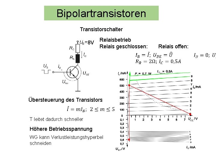 Bipolartransistoren Transistorschalter 8 V Relaisbetrieb Relais geschlossen: Übersteuerung des Transistors T leitet dadurch schneller