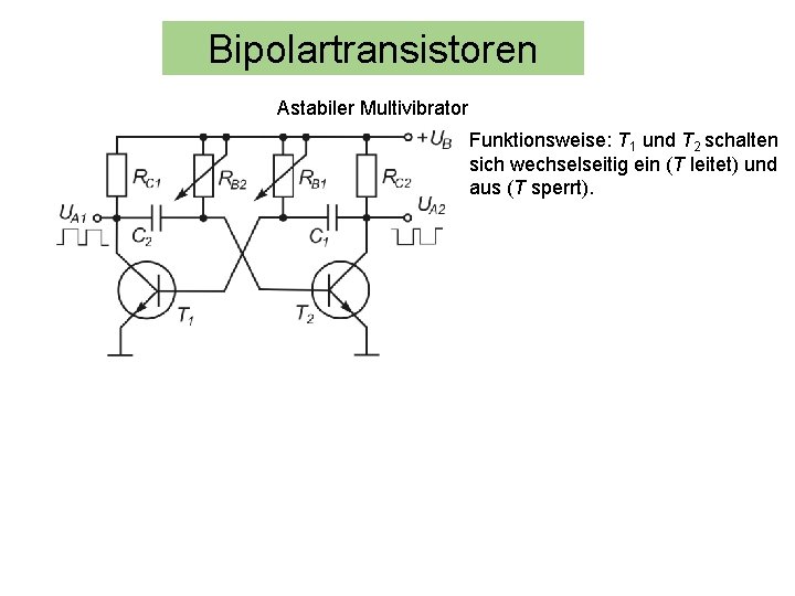 Bipolartransistoren Astabiler Multivibrator Funktionsweise: T 1 und T 2 schalten sich wechselseitig ein (T