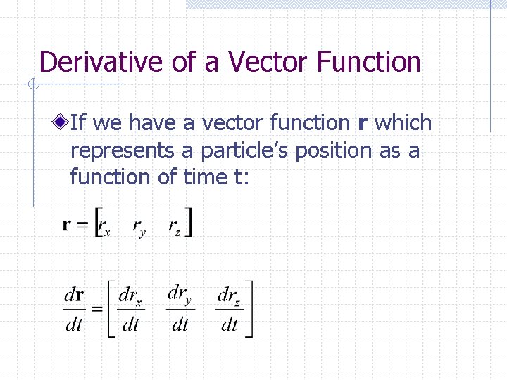 Derivative of a Vector Function If we have a vector function r which represents