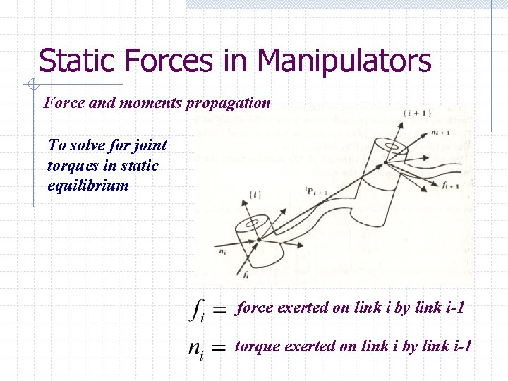 Static Forces in Manipulators Force and moments propagation To solve for joint torques in
