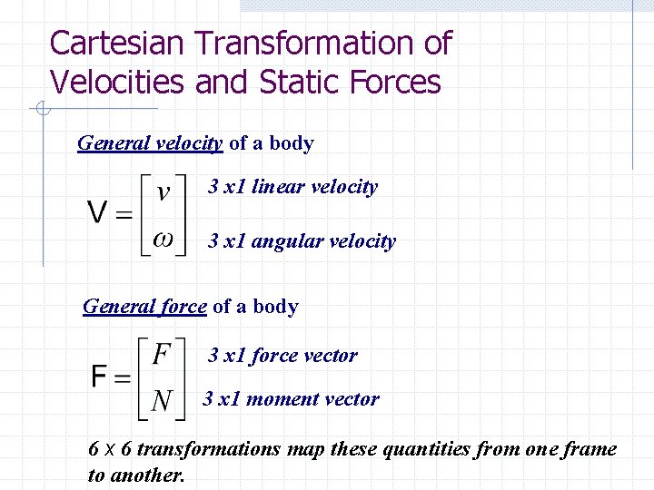 Cartesian Transformation of Velocities and Static Forces General velocity of a body 3 x
