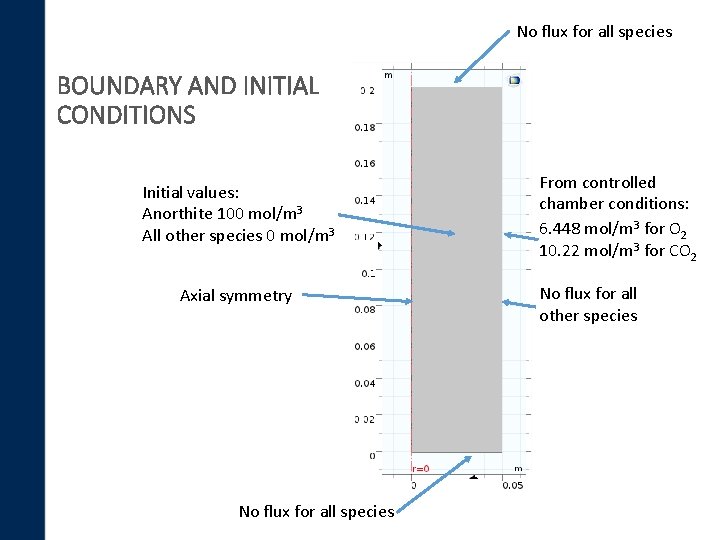 No flux for all species BOUNDARY AND INITIAL CONDITIONS Initial values: Anorthite 100 mol/m