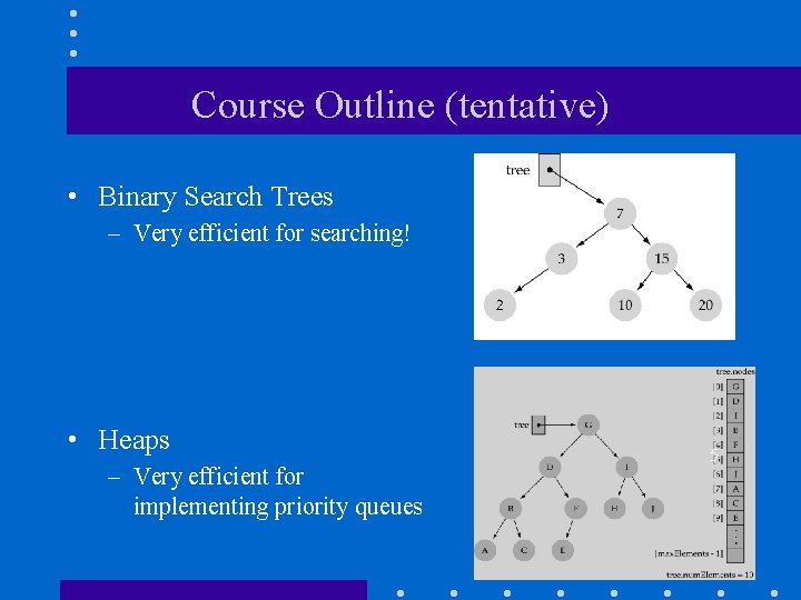 Course Outline (tentative) • Binary Search Trees – Very efficient for searching! • Heaps