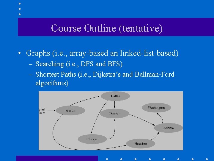 Course Outline (tentative) • Graphs (i. e. , array-based an linked-list-based) – Searching (i.