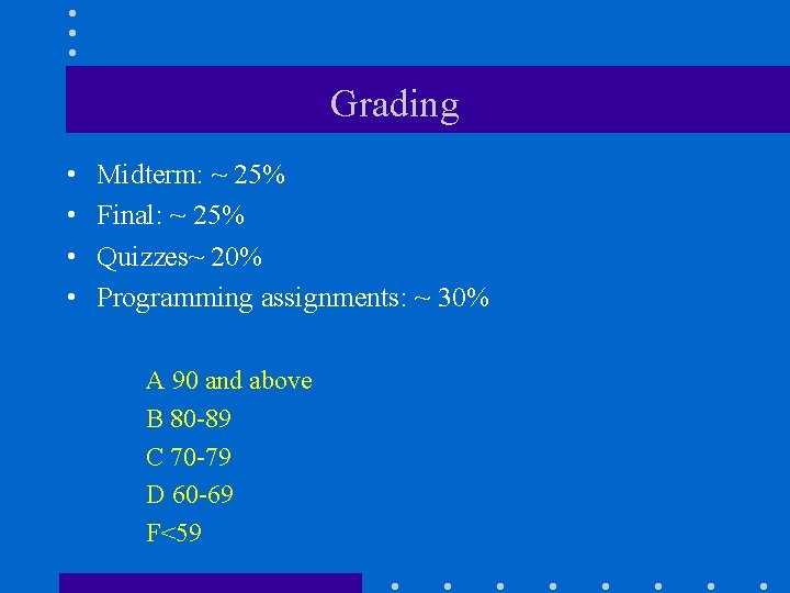 Grading • • Midterm: ~ 25% Final: ~ 25% Quizzes~ 20% Programming assignments: ~
