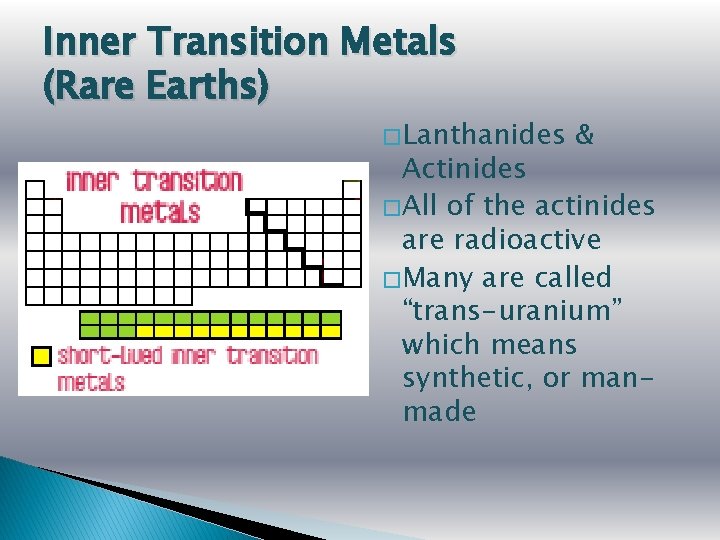 Inner Transition Metals (Rare Earths) � Lanthanides & Actinides � All of the actinides
