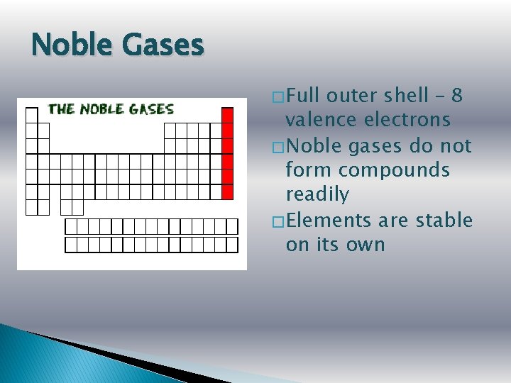 Noble Gases � Full outer shell – 8 valence electrons � Noble gases do