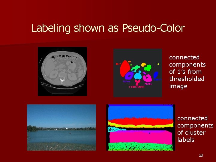 Labeling shown as Pseudo-Color connected components of 1’s from thresholded image connected components of