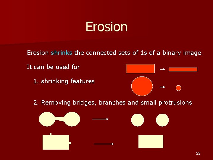 Erosion shrinks the connected sets of 1 s of a binary image. It can