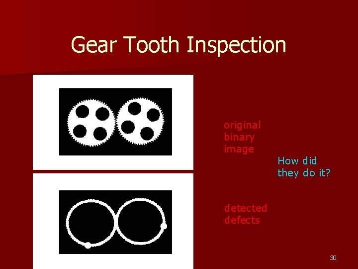 Gear Tooth Inspection original binary image How did they do it? detected defects 30