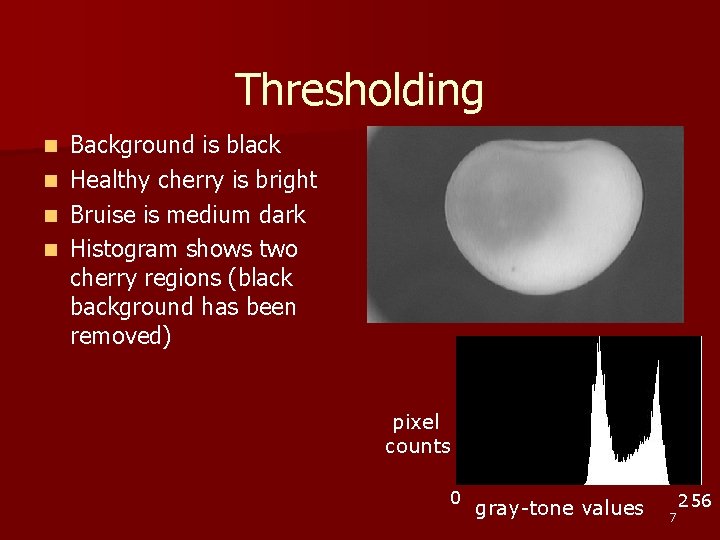 Thresholding Background is black n Healthy cherry is bright n Bruise is medium dark