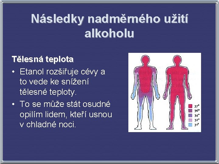 Následky nadměrného užití alkoholu Tělesná teplota • Etanol rozšiřuje cévy a to vede ke