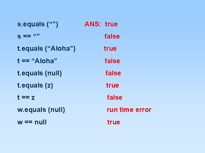 s. equals (“”) ANS: true s == “” false t. equals (“Aloha”) true t s. equals (“”) ANS: true s == “” false t. equals (“Aloha”) true t