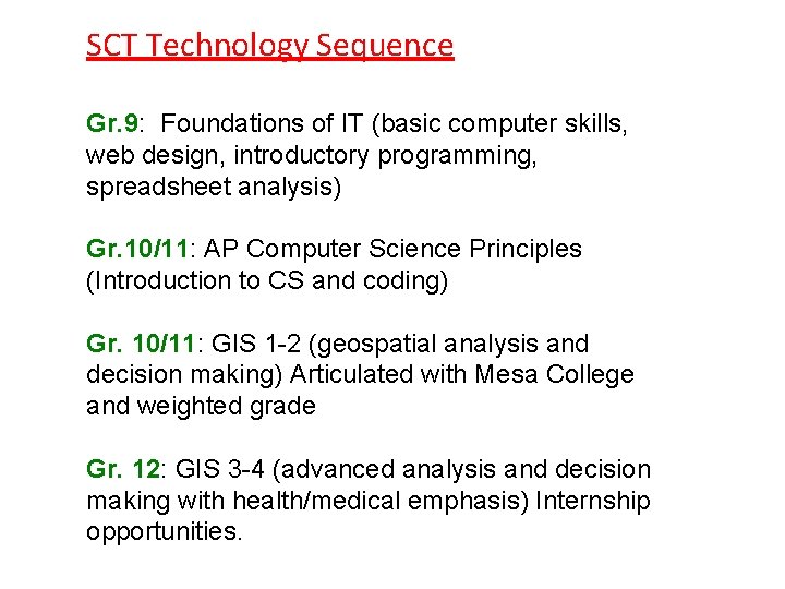 SCT Technology Sequence Gr. 9: Foundations of IT (basic computer skills, web design, introductory