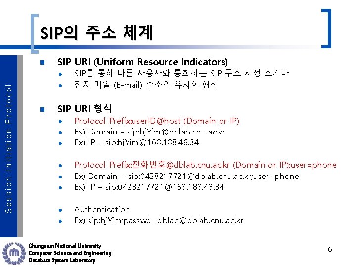 SIP의 주소 체계 Session Initiation Protocol n SIP URI (Uniform Resource Indicators) SIP를 통해