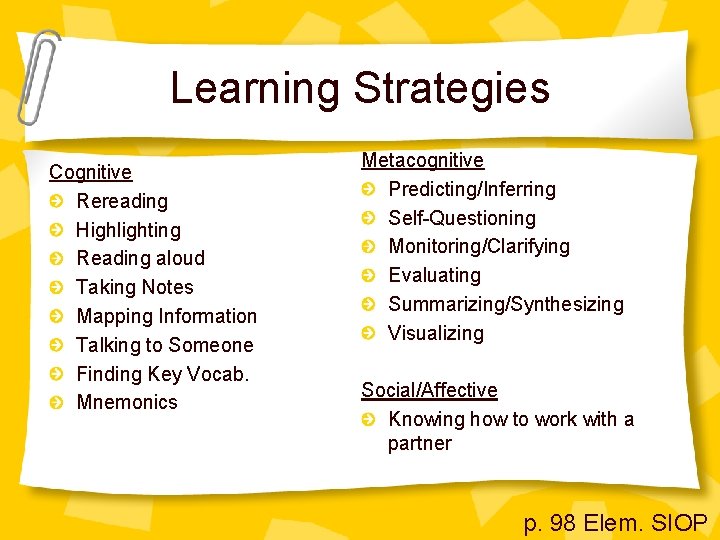Learning Strategies Cognitive Rereading Highlighting Reading aloud Taking Notes Mapping Information Talking to Someone