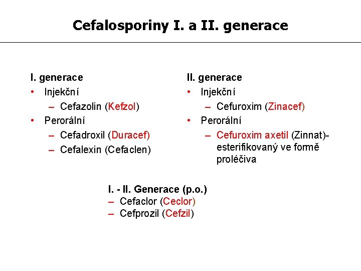Cefalosporiny I. a II. generace • Injekční – Cefazolin (Kefzol) • Perorální – Cefadroxil