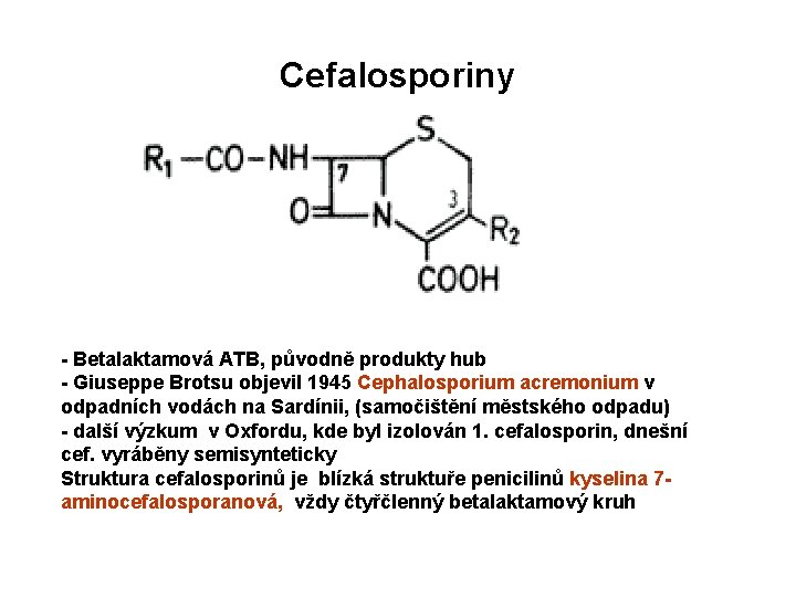 Cefalosporiny - Betalaktamová ATB, původně produkty hub - Giuseppe Brotsu objevil 1945 Cephalosporium acremonium