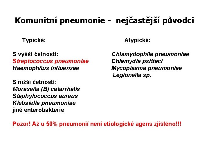 Komunitní pneumonie - nejčastější původci Typické: S vyšší četností: Streptococcus pneumoniae Haemophilus influenzae Atypické: