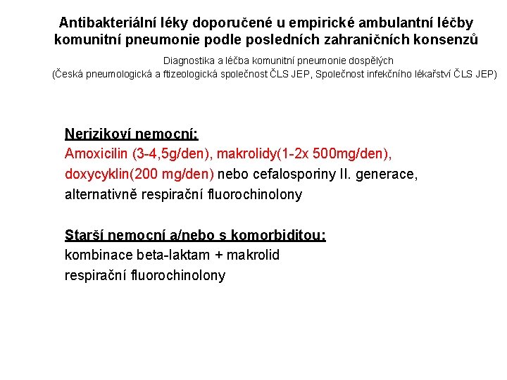 Antibakteriální léky doporučené u empirické ambulantní léčby komunitní pneumonie podle posledních zahraničních konsenzů Diagnostika