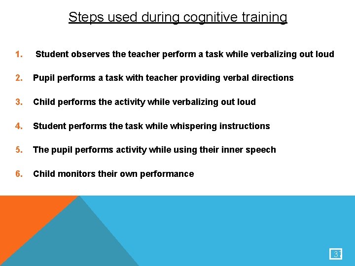 Steps used during cognitive training 1. Student observes the teacher perform a task while