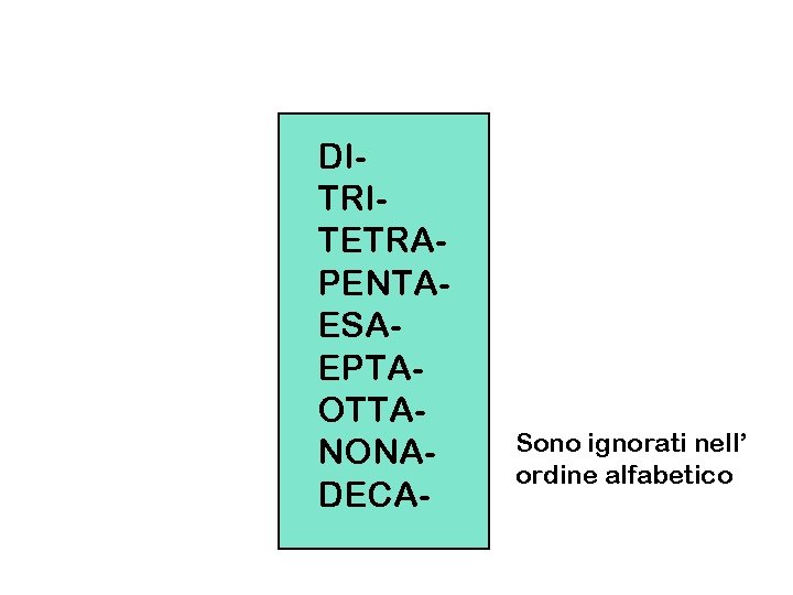 DITRITETRAPENTAESAEPTAOTTANONADECA- Sono ignorati nell’ ordine alfabetico 