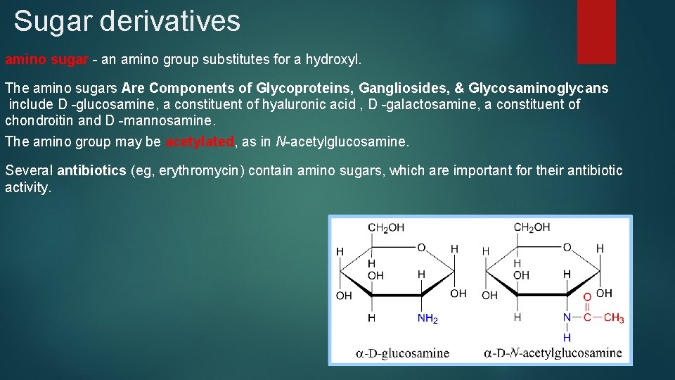 Sugar derivatives amino sugar - an amino group substitutes for a hydroxyl. The amino