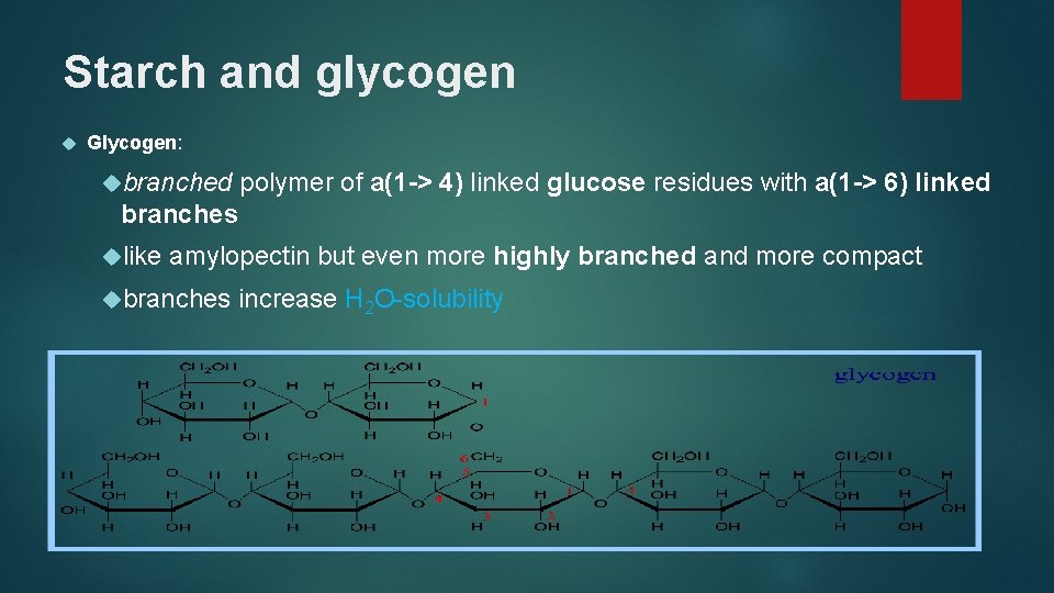 Starch and glycogen Glycogen: branched polymer of a(1 -> 4) linked glucose residues with