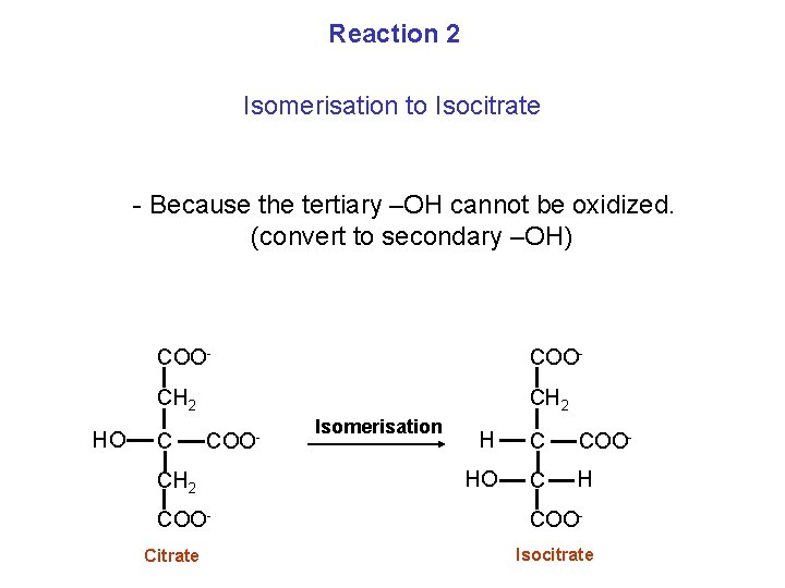 Reaction 2 Isomerisation to Isocitrate - Because the tertiary –OH cannot be oxidized. (convert
