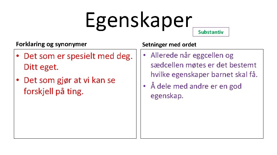 Egenskaper Substantiv Forklaring og synonymer Setninger med ordet • Det som er spesielt med