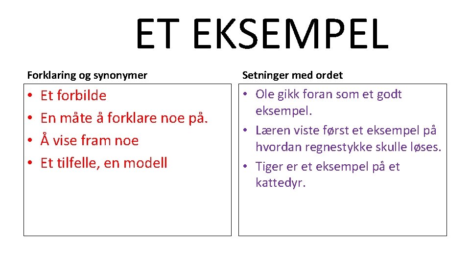 ET EKSEMPEL Forklaring og synonymer • • Et forbilde En måte å forklare noe