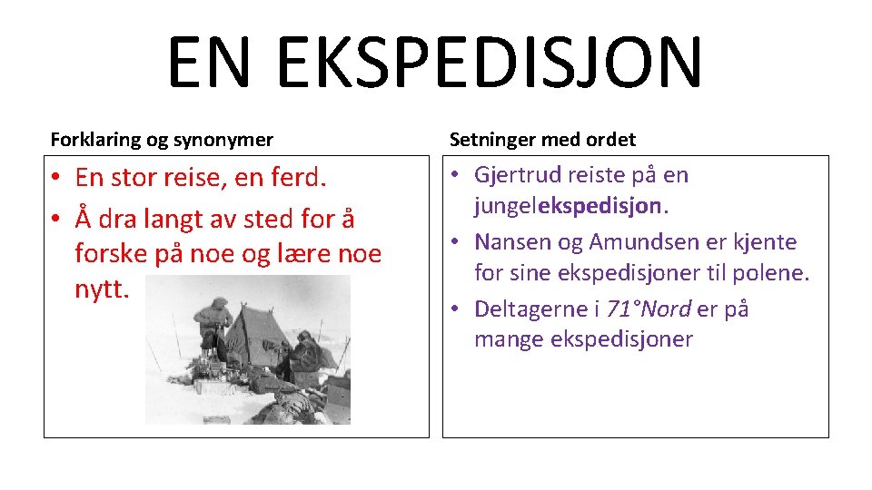 EN EKSPEDISJON Forklaring og synonymer Setninger med ordet • En stor reise, en ferd.