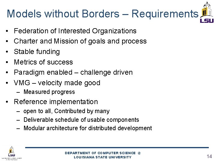 Models without Borders – Requirements • • • Federation of Interested Organizations Charter and