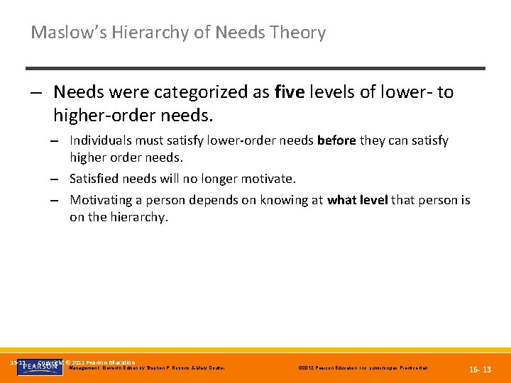 Maslow’s Hierarchy of Needs Theory – Needs were categorized as five levels of lower-