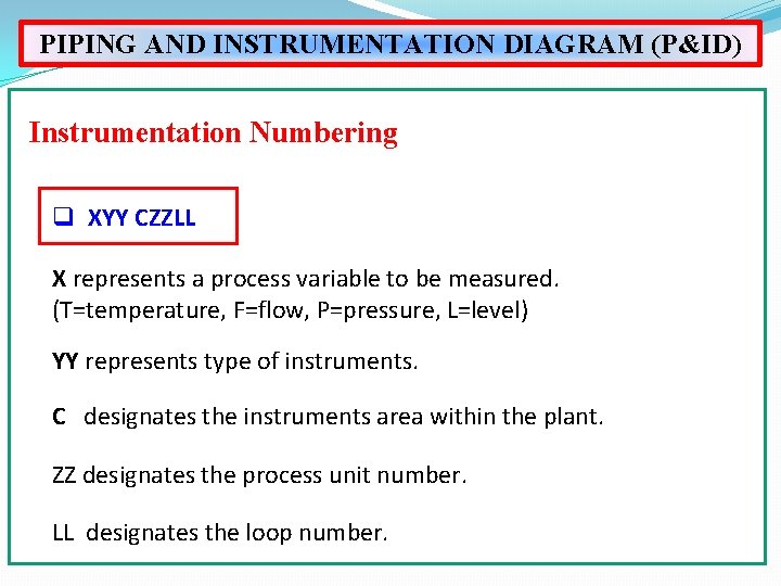 PIPING AND INSTRUMENTATION DIAGRAM (P&ID) Instrumentation Numbering q XYY CZZLL X represents a process